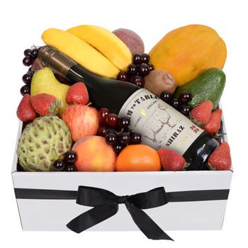 Flowers-Deluxe Fruit Box with Red Wine